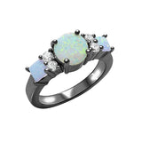 3 Stone Engagement Ring Princess Cut Round Lab Created Opal 925 Sterling Silver (7mm)