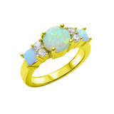 3 Stone Engagement Ring Princess Cut Round Lab Created Opal 925 Sterling Silver (7mm)