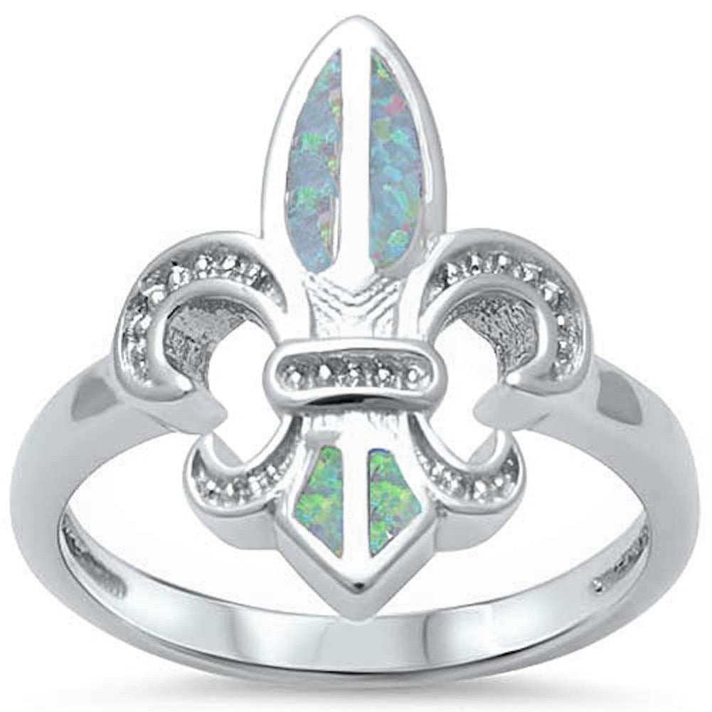 Fleur De Lis Ring Lab Created Blue Opal 925 Sterling Silver - Blue Apple Jewelry