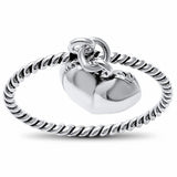 Dangling Heart Ring Band Twisted Rope Cable Band 925 Sterling Silver Choose Color