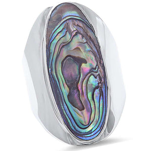 Oval Men Women Unisex Ring Big Simulated Rainbow Abalone 925 Sterling Silver - Blue Apple Jewelry