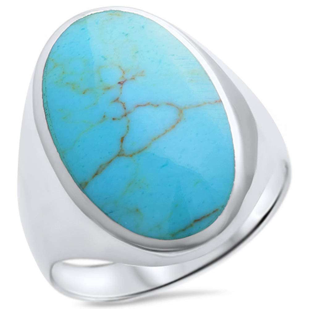 Oval Simulated Turquoise Men Women Unisex Ring 925 Sterling Silver - Blue Apple Jewelry