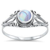 Fashion Solitaire Filigree Swirl Accent Simulated Rainbow Abalone Ring 925 Sterling Silver