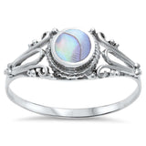 Fashion Solitaire Filigree Swirl Accent Simulated Rainbow Abalone Ring 925 Sterling Silver - Blue Apple Jewelry