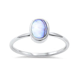 Petite Dainty Solitaire Ring Oval Simulated Rainbow Abalone 925 Sterling Silver