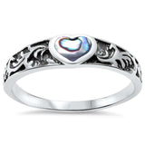 Fashion Heart Promise Ring Band Simulated Rainbow Abalone 925 Sterling Silver - Blue Apple Jewelry