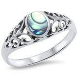 Solitaire Fashion Ring Oval Filigree Swirl Accent Simulated Rainbow Abalone 925 Sterling Silver