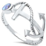 Trendy Sailing Beach Twisted Rope Anchor Band Ring Simulated Rainbow Abalone 925 Sterling Silver