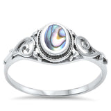 Solitaire Filigree Swirl Accent Fashion Ring Oval Simulated Rainbow Abalone 925 Sterling Silver