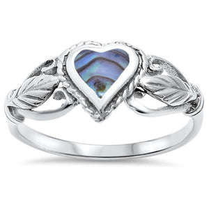 Fashion Solitaire Heart Promise Ring Simulated Rainbow Abalone 925 Sterling Silver - Blue Apple Jewelry