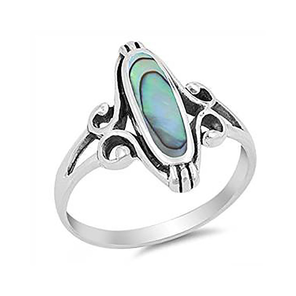 Oval Simulated Rainbow Abalone 925 Sterling Silver Swirl Shank Ring - Blue Apple Jewelry