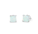 Solitaire Stud Post Earring Princess Cut Lab Created White Opal 925 Sterling Silver