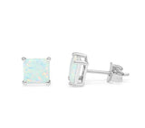 Solitaire Stud Post Earring Princess Cut Lab Created White Opal 925 Sterling Silver