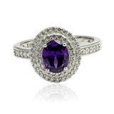 Double Halo Dazzling Wedding Engagement Ring Oval Simulated Amethyst Round Cubic Zirconia 925 Sterling Silver