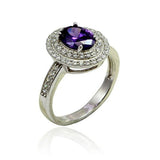 Double Halo Dazzling Wedding Engagement Ring Oval Simulated Amethyst Round Cubic Zirconia 925 Sterling Silver