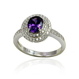 Double Halo Dazzling Wedding Engagement Ring Oval Simulated Amethyst Round Cubic Zirconia 925 Sterling Silver