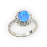 Halo Fashion Flower Ring Round Lab Opal Cubic Zirconia Accent Sterling Silver Choose Color