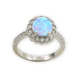 Halo Fashion Flower Ring Round Lab Opal Cubic Zirconia Accent Sterling Silver Choose Color