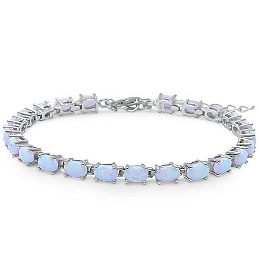 Tennis Bracelet Oval Shape White Opal Bracelet Solid 925 Sterling Silver 9" Lab Oval White Opal Oval Cut Full Eternity Bracelet Gift - Blue Apple Jewelry