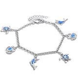 Dangling Dolphin Turtle Plumeria Crab 9" Bracelet Solid 925 Sterling Silver Dangling Charm Lab Fire Blue Opal - Blue Apple Jewelry