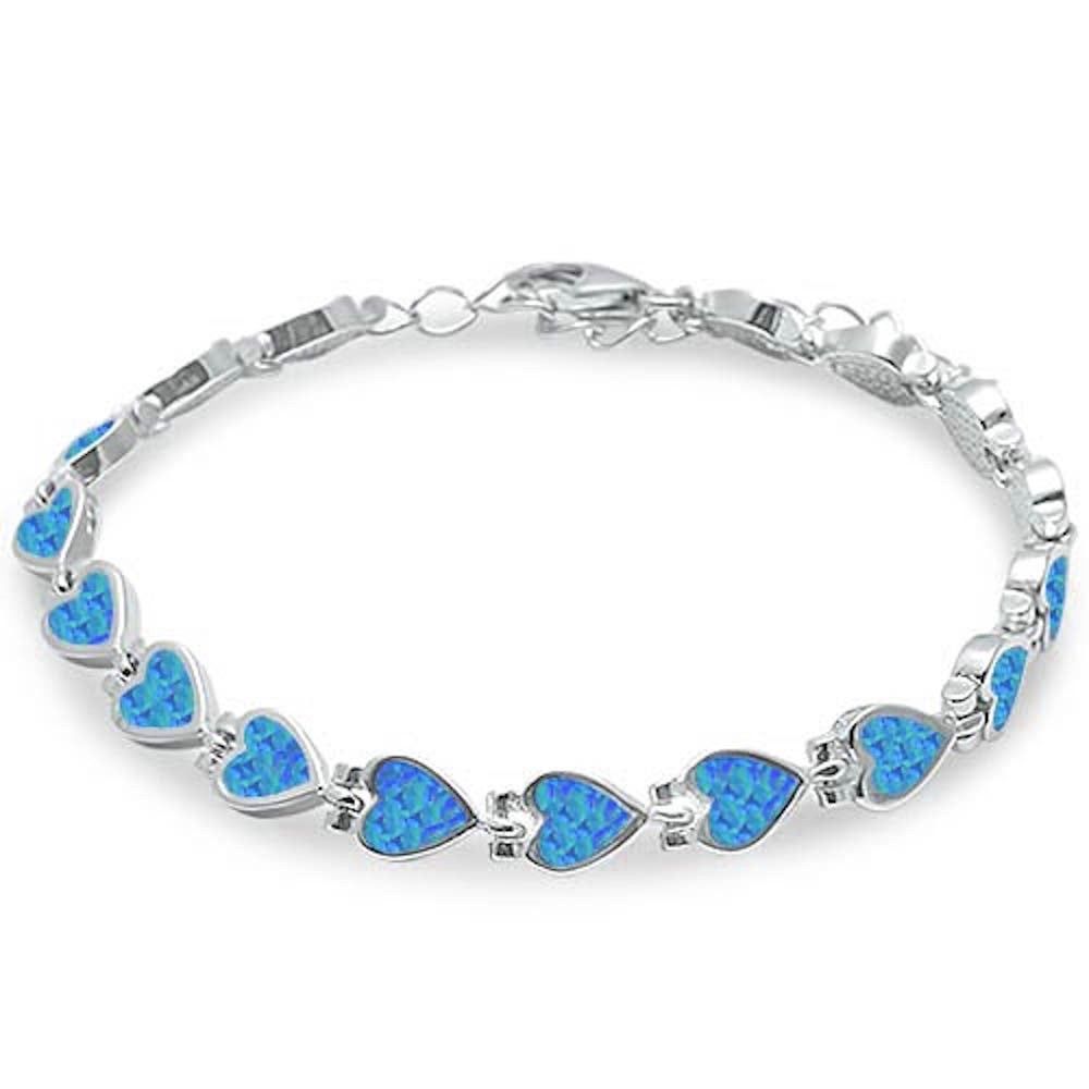 Heart Bracelet Lab Blue Opal Hearts Solid 925 Sterling Silver Heart Tennis 9" Bracelet Valentines Gift - Blue Apple Jewelry