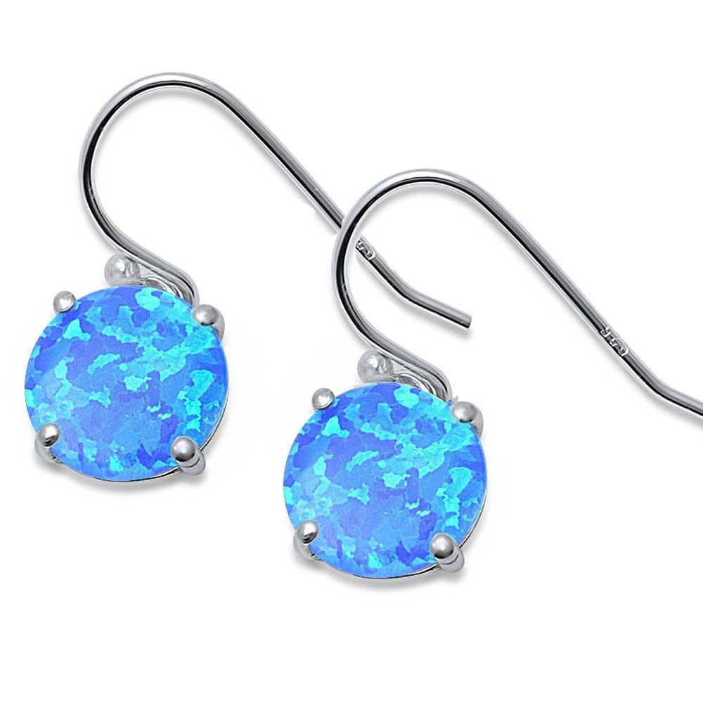 Dangle & Drop Earrings 9mm Round Lab Blue Opal Solitaire Fish Hook Earring Solid 925 Sterling Silver - Blue Apple Jewelry