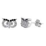 Owl Stud Earring Solid 925 Sterling Silver Pave Round Black & White Cubic Zirconia Cute Owl Earrings Tiny, Good Luck
