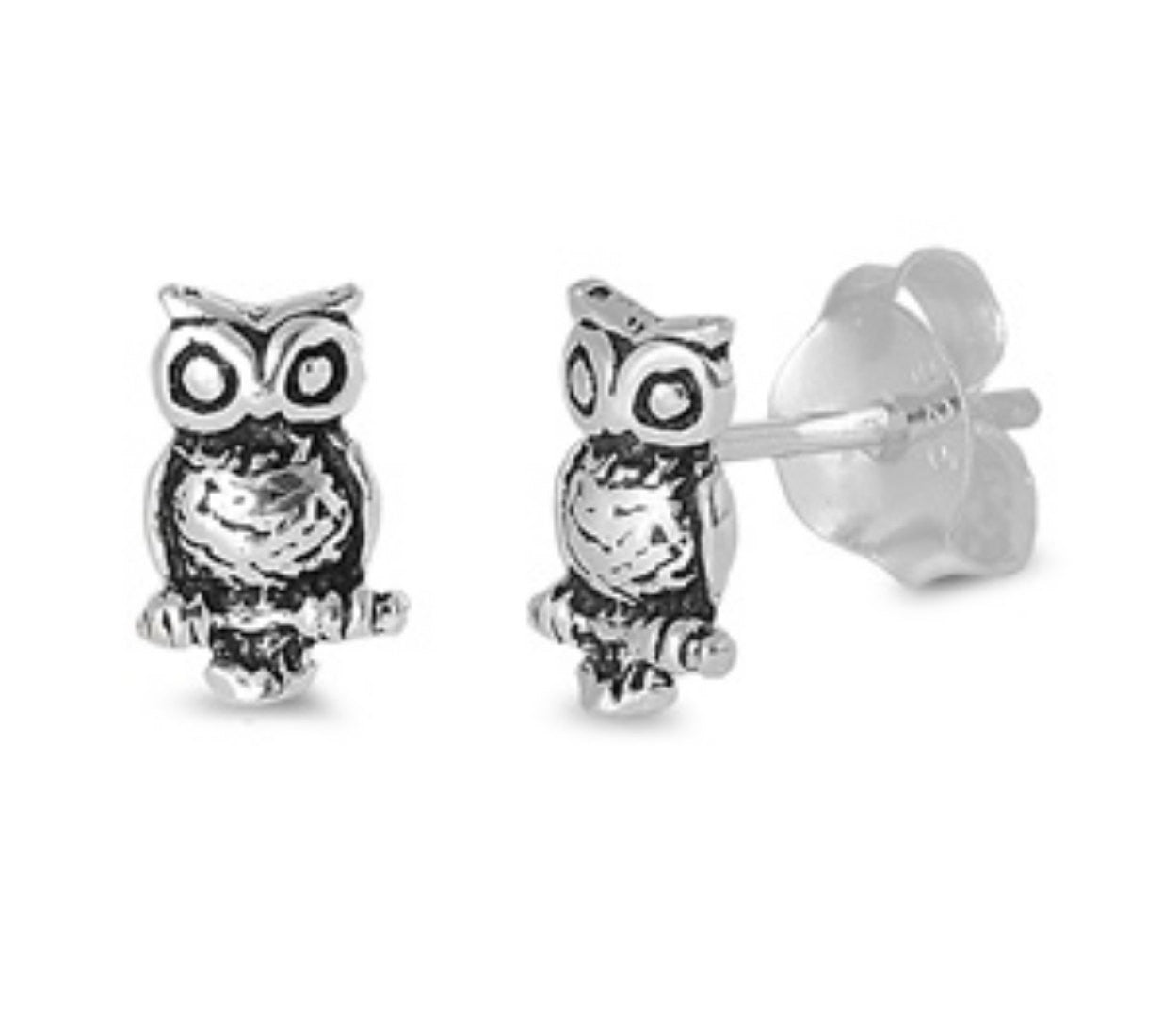 8mm Tiny Owl Cute Stud Post Earring Solid 925 Sterling Silver Oxidized Owl Earrings, Good Luck Gift, Babies, Kids - Blue Apple Jewelry