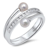 Fashion Bypass Wrap CZ Ring Solid 925 Sterling Silver Invisible Princess Cut Simulated CZ Trendy Ring Simulated Pearl Half Eternity