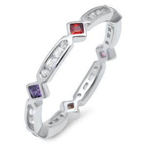 3mm Full Eternity Stackable Band Ring Multicolored Princess Cut Bezel Amethyst Garnet Round Baguette Diamond CZ Solid 925 Sterling Siver - Blue Apple Jewelry