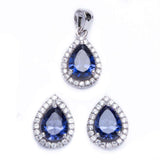 Halo Jewelry Set Halo Pendant Halo Stud Earrings Matching Set Teardrop Pear Shape Deep Blue Sapphire CZ 925 Sterling Silver