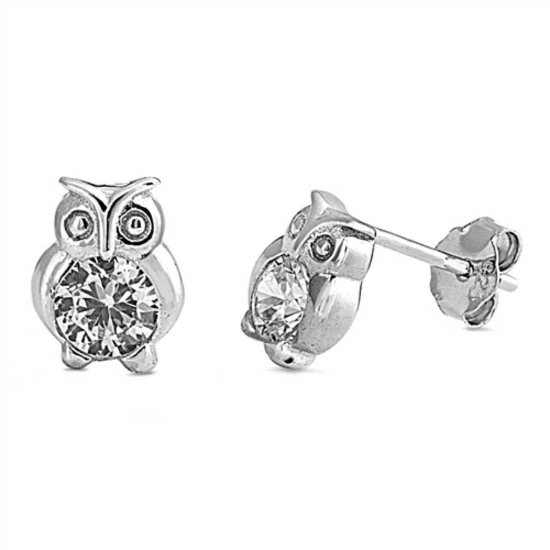 Owl Stud Earring Solid 925 Sterling Silver Round Cubic Zirconia Owl Shape Stud Earring Owl Jewelry Cute Gift - Blue Apple Jewelry