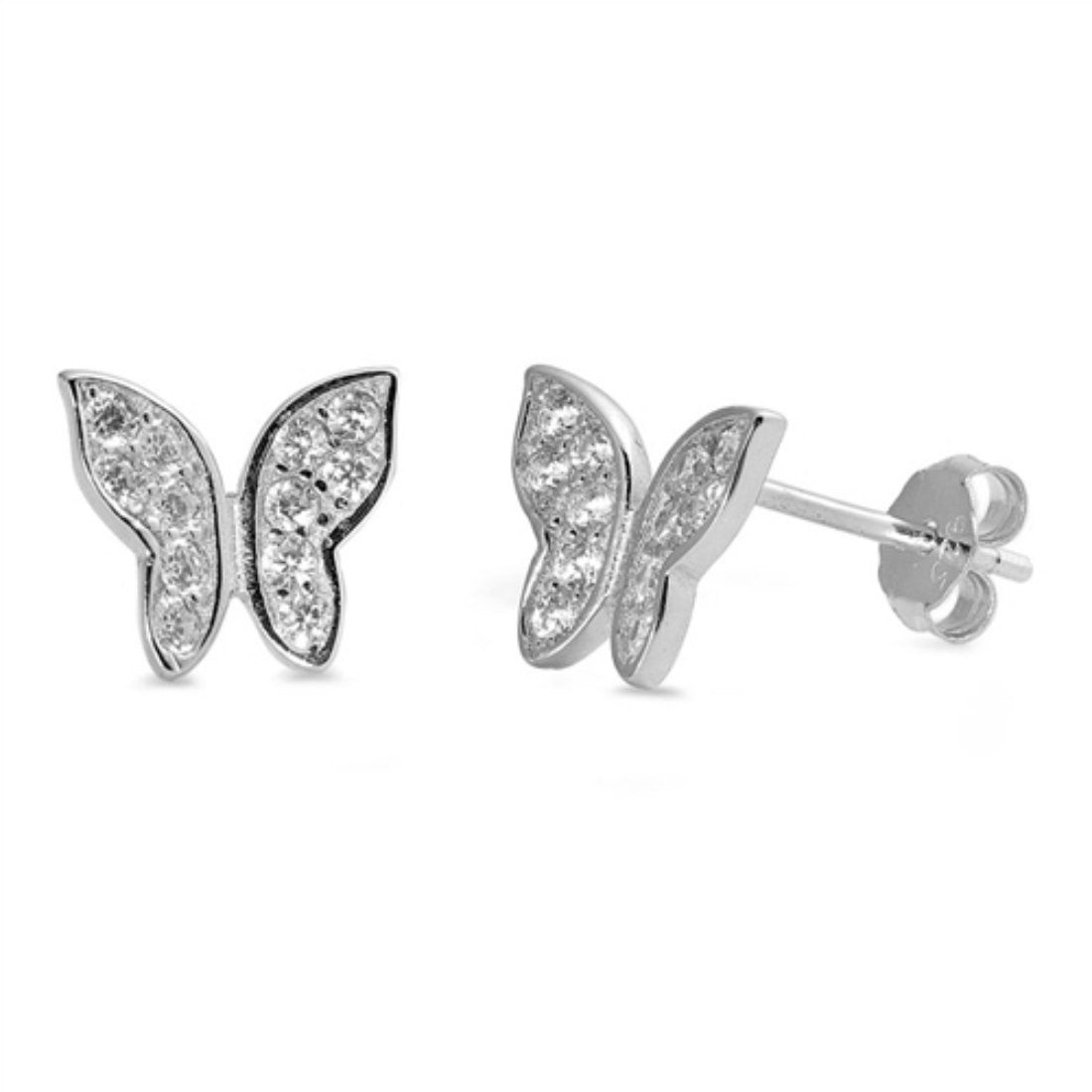 Butterfly Earring Solid 925 Stelring Silver Round Pave Clear CZ Cute Butterfly Stud Post Earring Gift - Blue Apple Jewelry