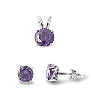 8MM 2 Carat Round Amethyst Solitaire Pendant Matching 6MM Earrings Set 925 Sterling Silver - Blue Apple Jewelry