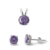 8MM Round Amethyst Solitaire Pendant Matching 6MM Earrings Set 925 Sterling Silver