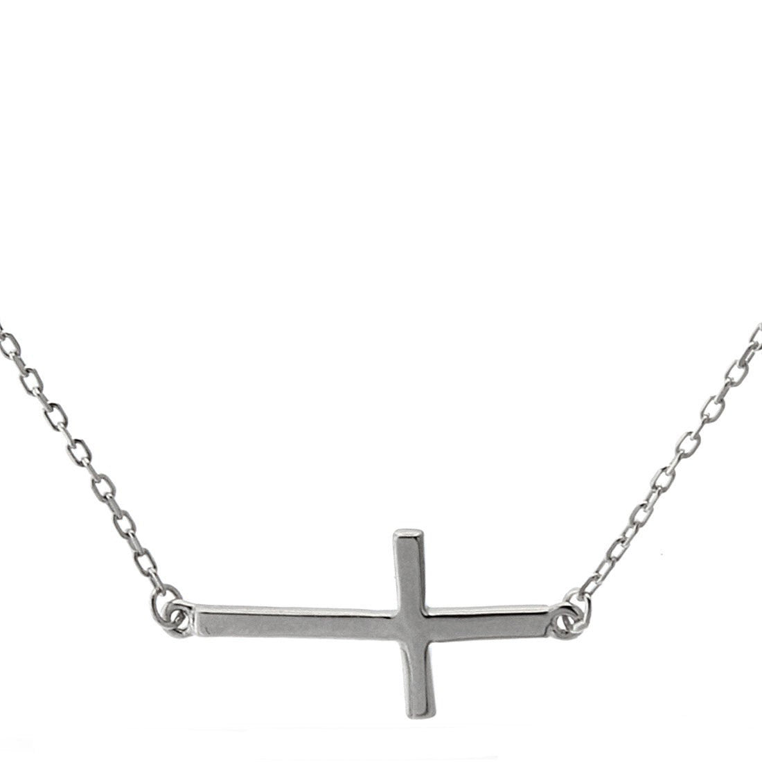 16" Rhodium 925 Sterling Silver Sideways Cross Necklace Pendant 15" + 1" Extension Plain Sideways Cross Pendant Attached Necklace - Blue Apple Jewelry