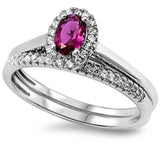 Stunning Platinum over 925 Sterling Silver Oval Cut Lab Ruby Round Russian Ice Diamond CZ 2 Piece Ladies Wedding Engagement Halo Ring  Band