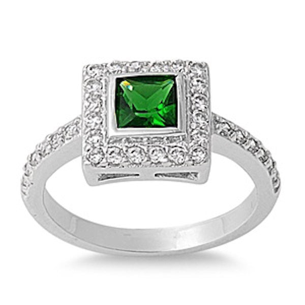 1.50 Carat Princess Cut Bezel Set Emerald Green Round Clear CZ Accent Vintage Halo Solid 925 Sterling Silver Wedding Engagement Promise Ring