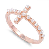 New Style Sideways Cross Ring 14K Rose Pink Gold Solid 925 Sterling Silver Round White Pearl Sideways Cross Ring Religious Ring - Blue Apple Jewelry