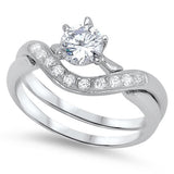 Two Piece Engagement Bridal Ring Matching Band Set Round Simulated CZ Solid 925 Sterling Silver