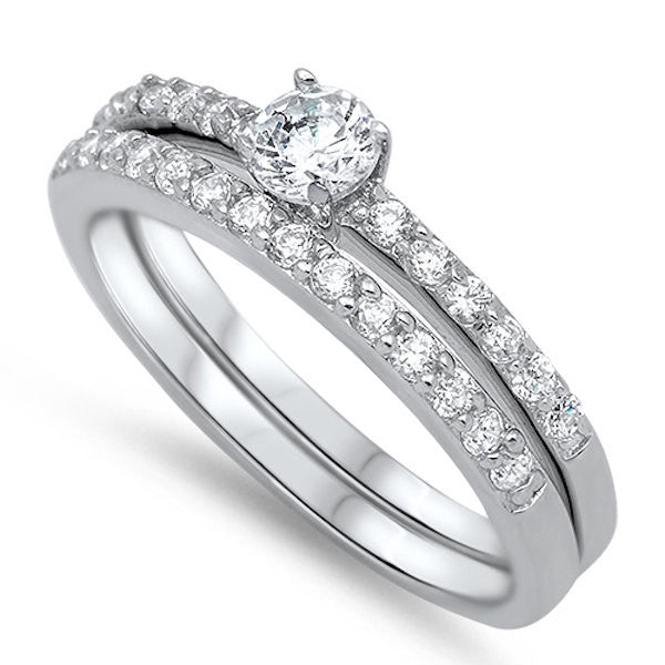 Classic TCW Round Clear White Crystal Sparkling Russian Diamond CZ Solid Sterling Silver Ring Matching Band Wedding Engagement