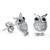 Owl Stud Post Earring Solid Sterling Silver Brilliant Sparking White Sapphire Simulated CZ Black Eye Owl