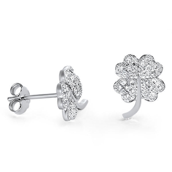 Four Leaf Clover Stud Post Earring Solid 925 Sterling Silver Round Sparkling Brilliant Russian Diamond CZ Flower Stud Earring Gift - Blue Apple Jewelry