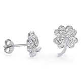 Four Leaf Clover Stud Post Earring Solid 925 Sterling Silver Round Sparkling Brilliant CZ Flower Stud Earring Gift