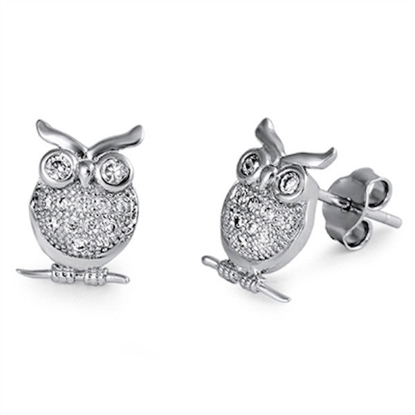 Owl Stud Earring Solid 925 Sterling Silver Round Pave Russian Ice Clear White Diamond CZ Owl Shape Stud Earring Owl Jewelry Cute Gift - Blue Apple Jewelry