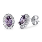 Beautiful Oval Cut Purple Amethyst CZ Round Halo Stud Post Earring 925 Sterling Silver