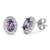 Beautiful 1.20 CT Oval Cut Purple Amethyst Round Clear White Russian Diamond CZ Halo Stud Post Earring 925 Sterling Silver Bridesmaid Gift - Blue Apple Jewelry
