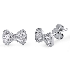 Cute Ribbon Bow Stud Earring Solid 925 Sterling Silver Bling Pave Sparkling Lab Created White sapphire Bow Jewelry Valentines Gift - Blue Apple Jewelry