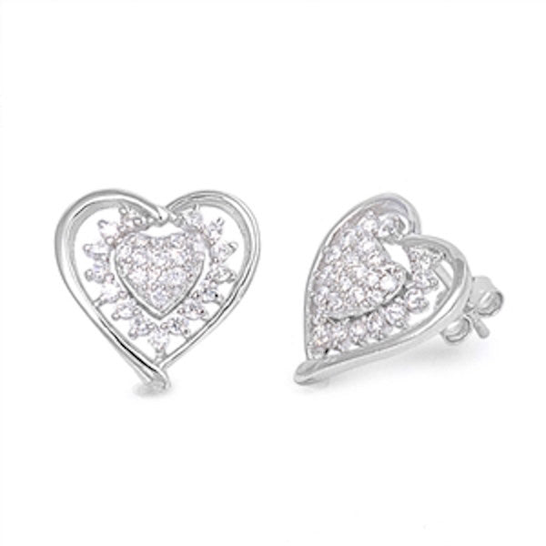 Cute Double Heart Stud Post Earring Solid Sterling Silver Brilliant Pave Sparkling Russian Diamond Clear CZ Heart Earring Valentines Gift - Blue Apple Jewelry