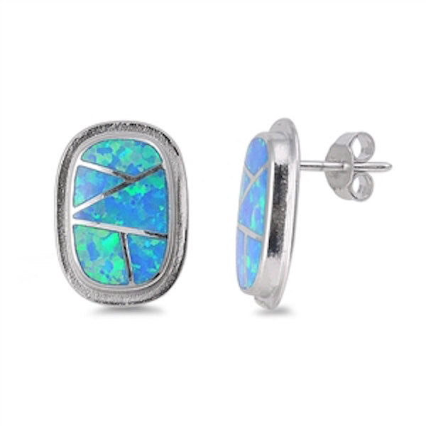 18mm Long Rectangle Solid Sterling Silver Blue Fiery Australian Opal Lab Crated Opal Stud Post Earrings Gift Blue Opal Jewelry - Blue Apple Jewelry